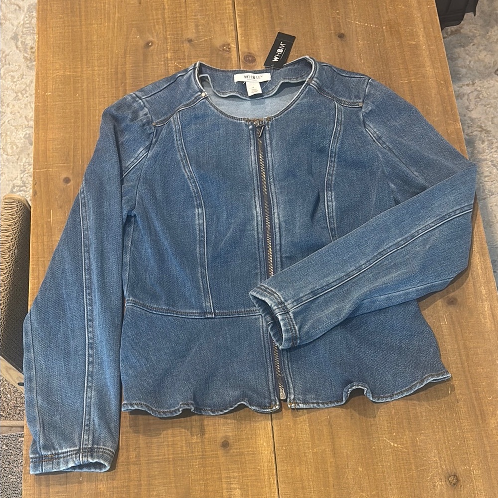 White House Black Market Blue Peplum Jean Jacket Asymmetrical Zip